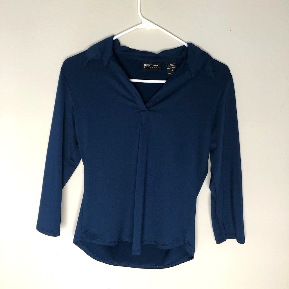 New York & Company Navy Collared 3/4 Sleeve Shirt